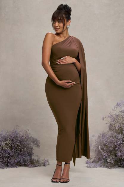 Chocolate Maternity One Shoulder Maxi Dress with Cape Sleeve
