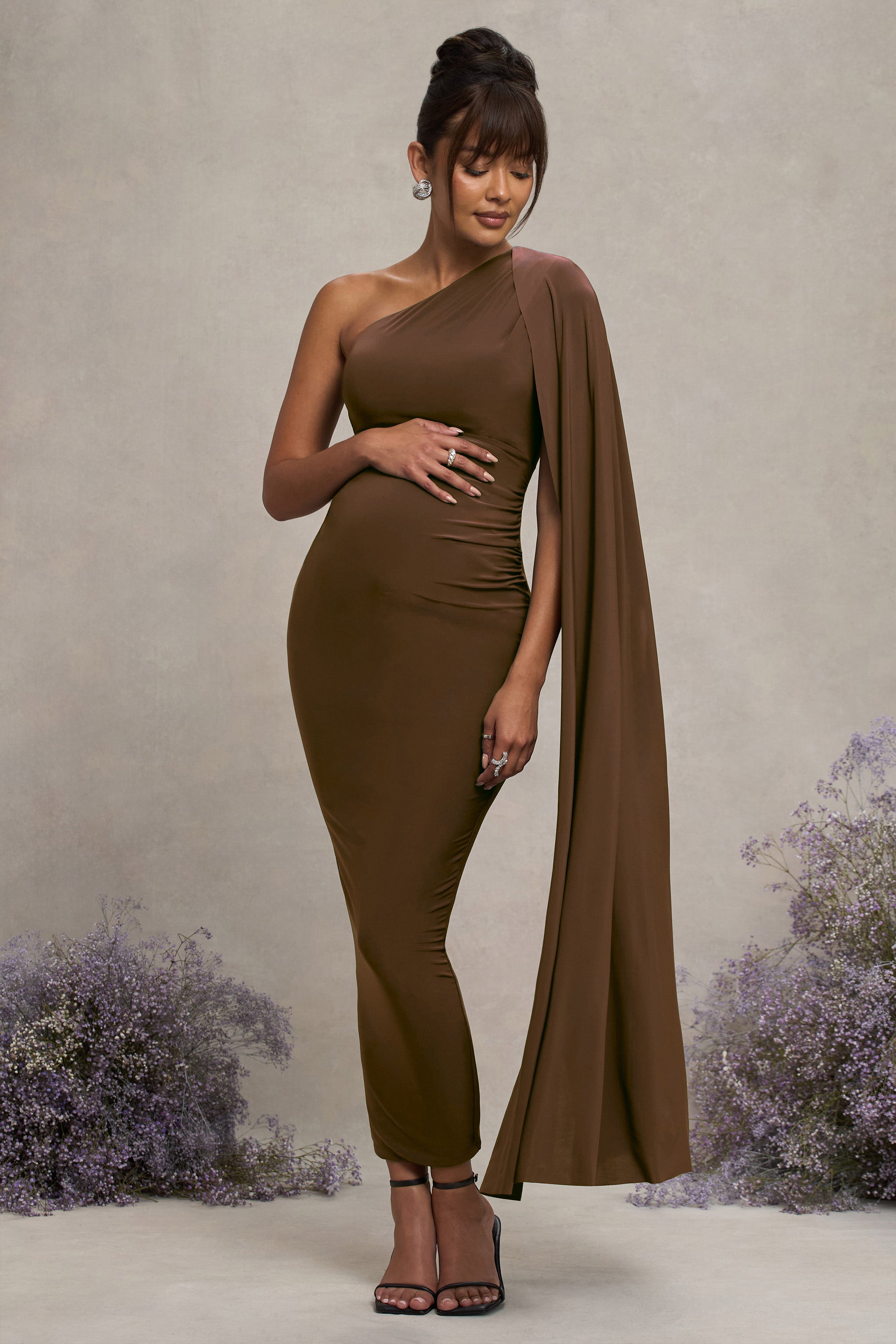 Chocolate Maternity One Shoulder Maxi Dress with Cape Sleeve
