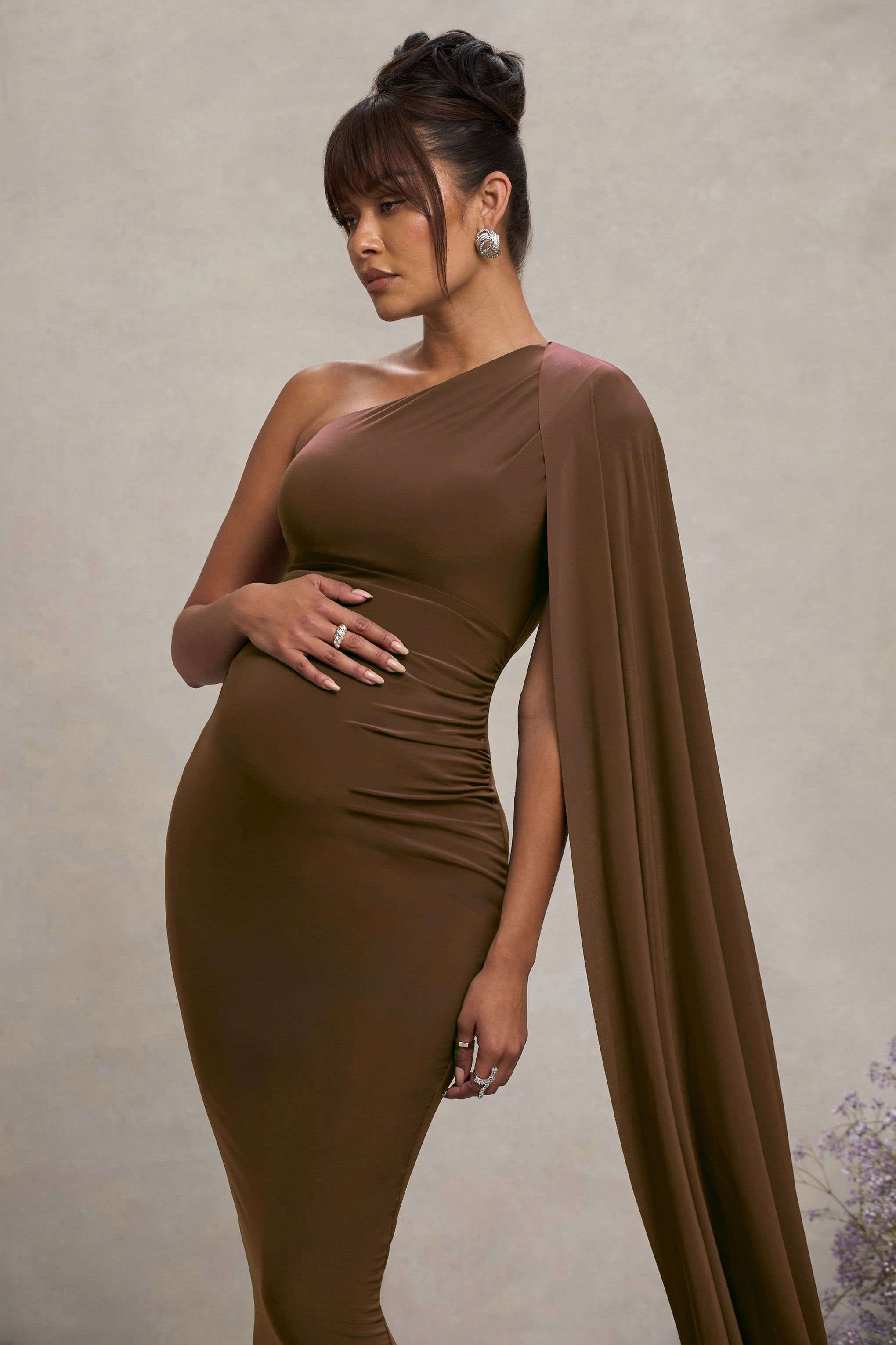 Chocolate Maternity One Shoulder Maxi Dress with Cape Sleeve