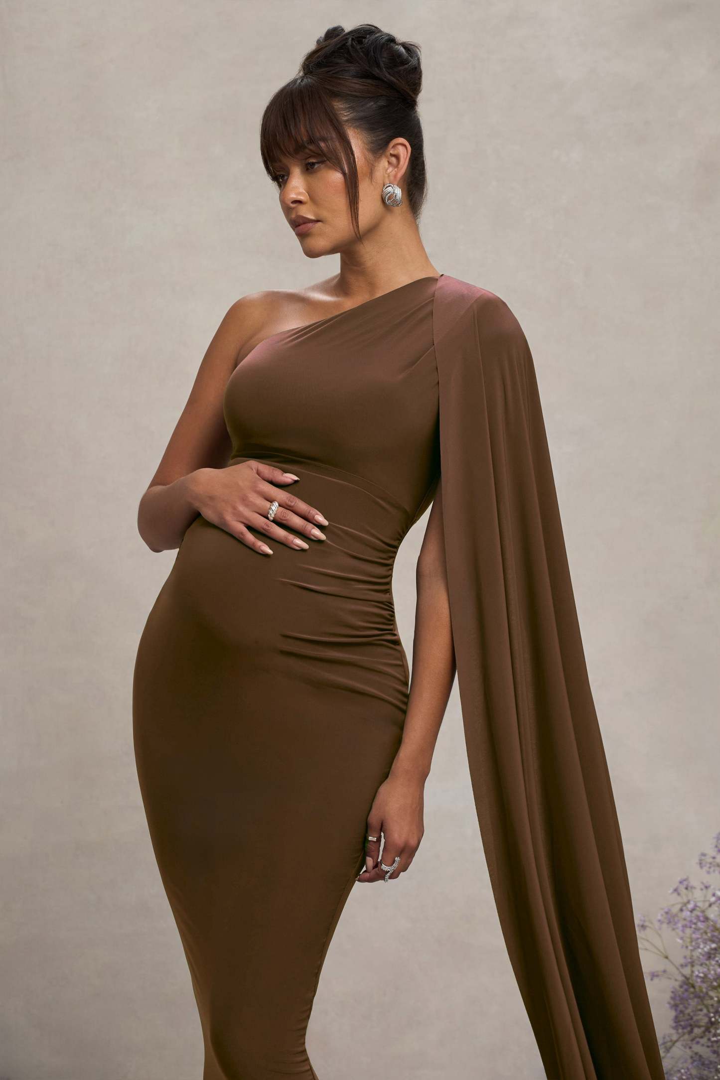 Chocolate Maternity One Shoulder Maxi Dress with Cape Sleeve