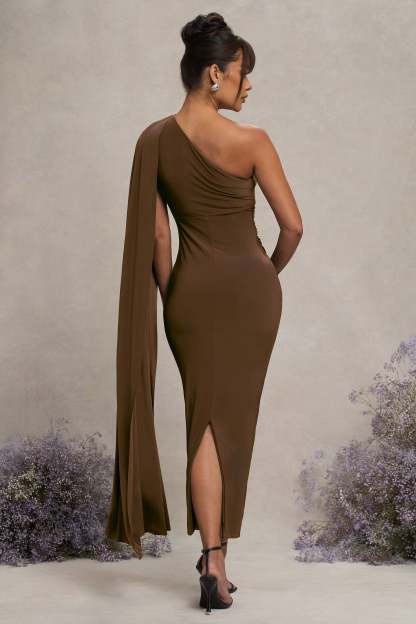 Chocolate Maternity One Shoulder Maxi Dress with Cape Sleeve
