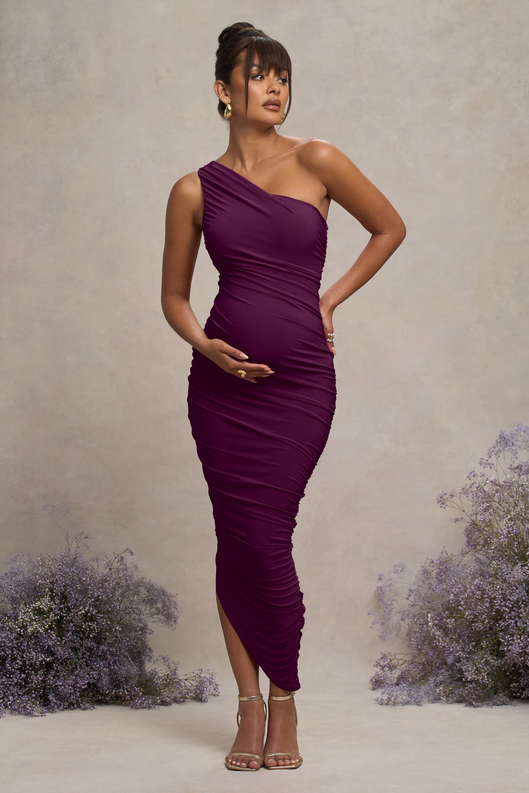 Plum Maternity Ruched One Shoulder Midi Dress