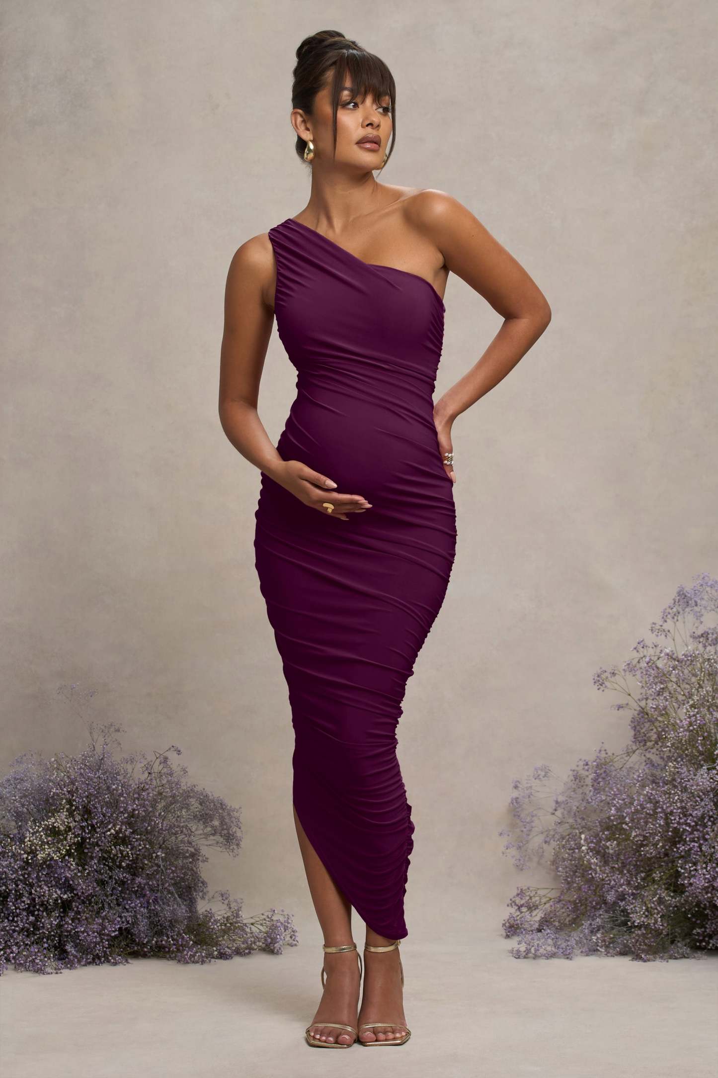Plum Maternity Ruched One Shoulder Midi Dress