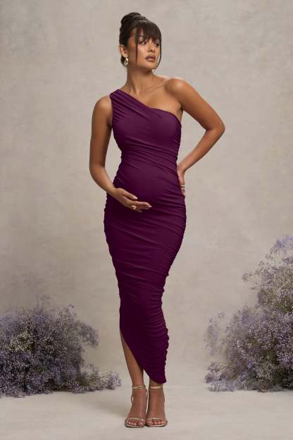 Plum Maternity Ruched One Shoulder Midi Dress