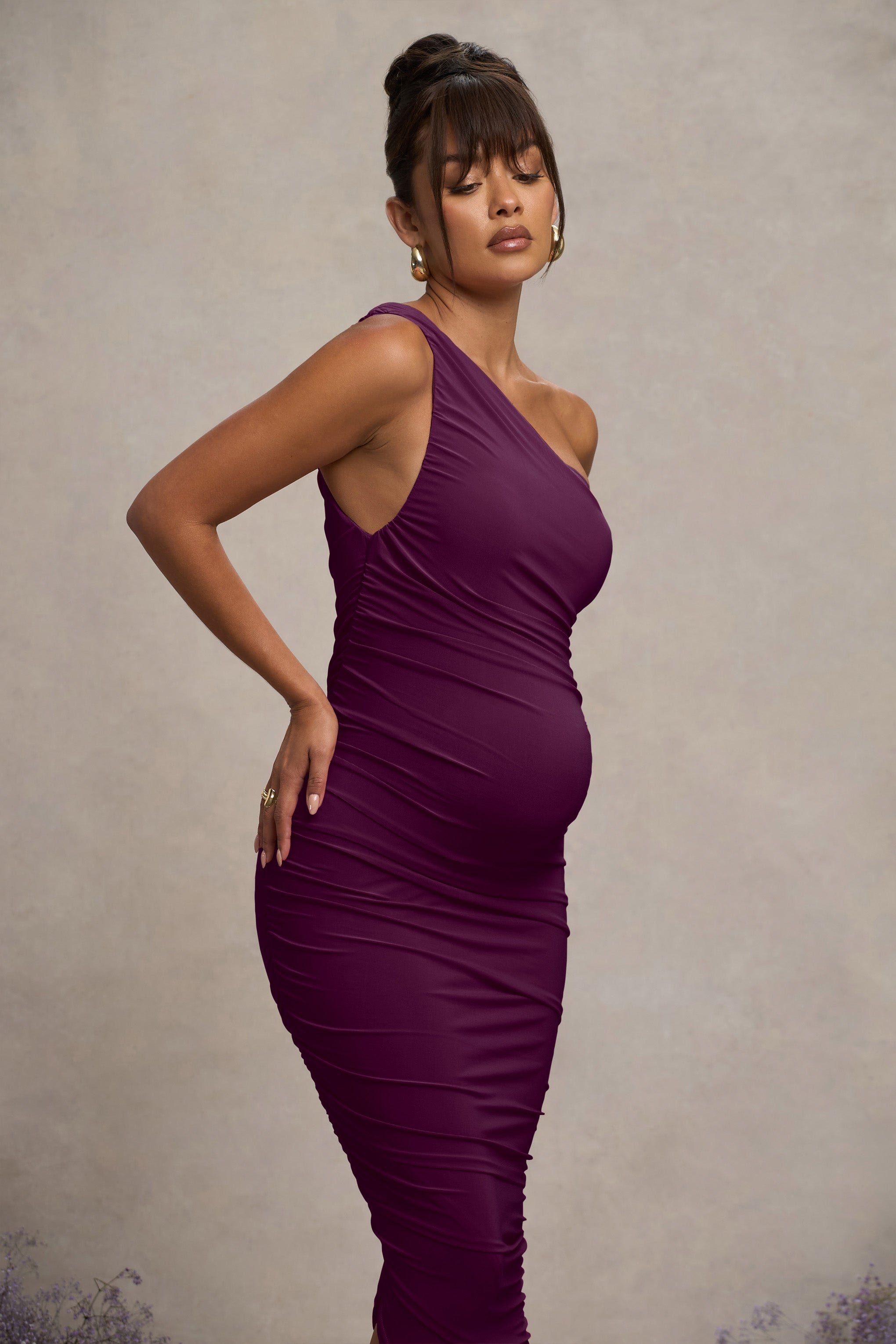Plum Maternity Ruched One Shoulder Midi Dress
