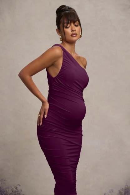 Plum Maternity Ruched One Shoulder Midi Dress