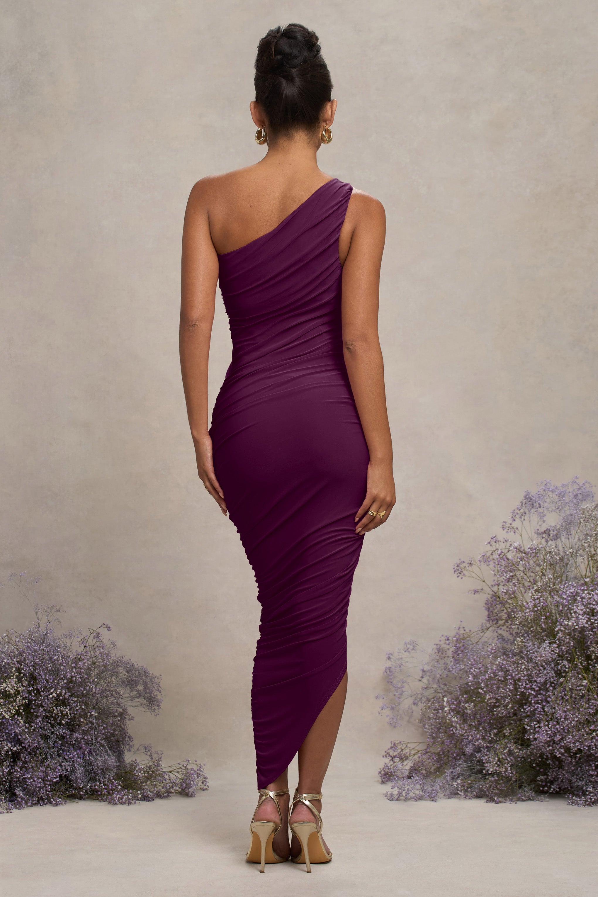 Plum Maternity Ruched One Shoulder Midi Dress