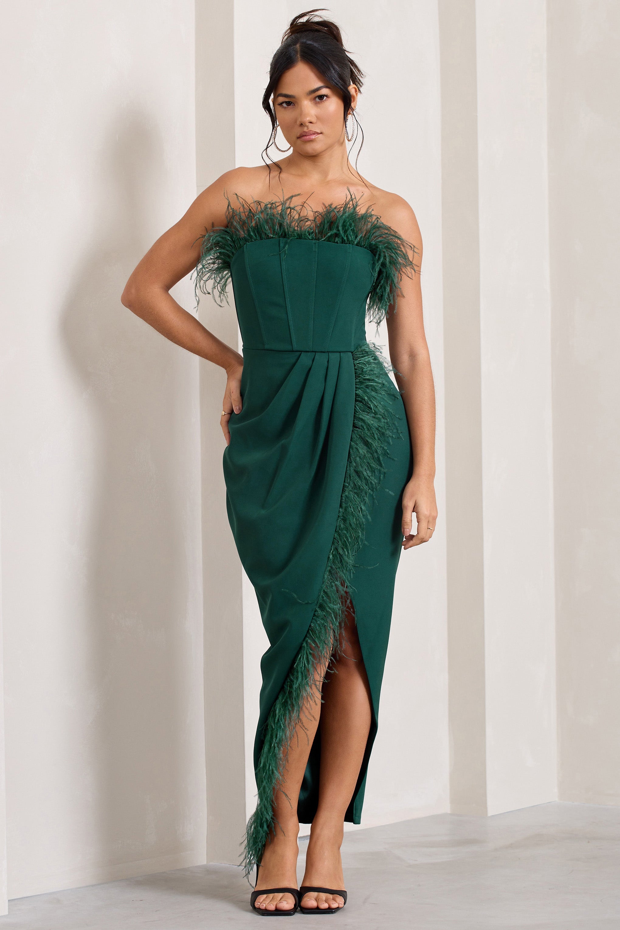 Cosmo Bottle Green Bandeau Feather Corset Split Maxi Dress-Babyboo Dress Store. All Rights Reserved.