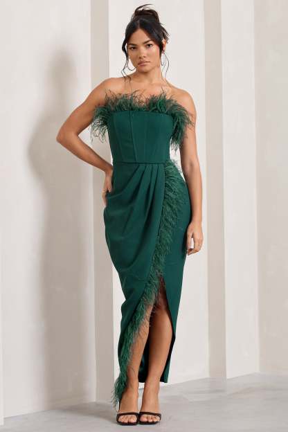 Cosmo Bottle Green Bandeau Feather Corset Split Maxi Dress-Babyboo Dress Store. All Rights Reserved.
