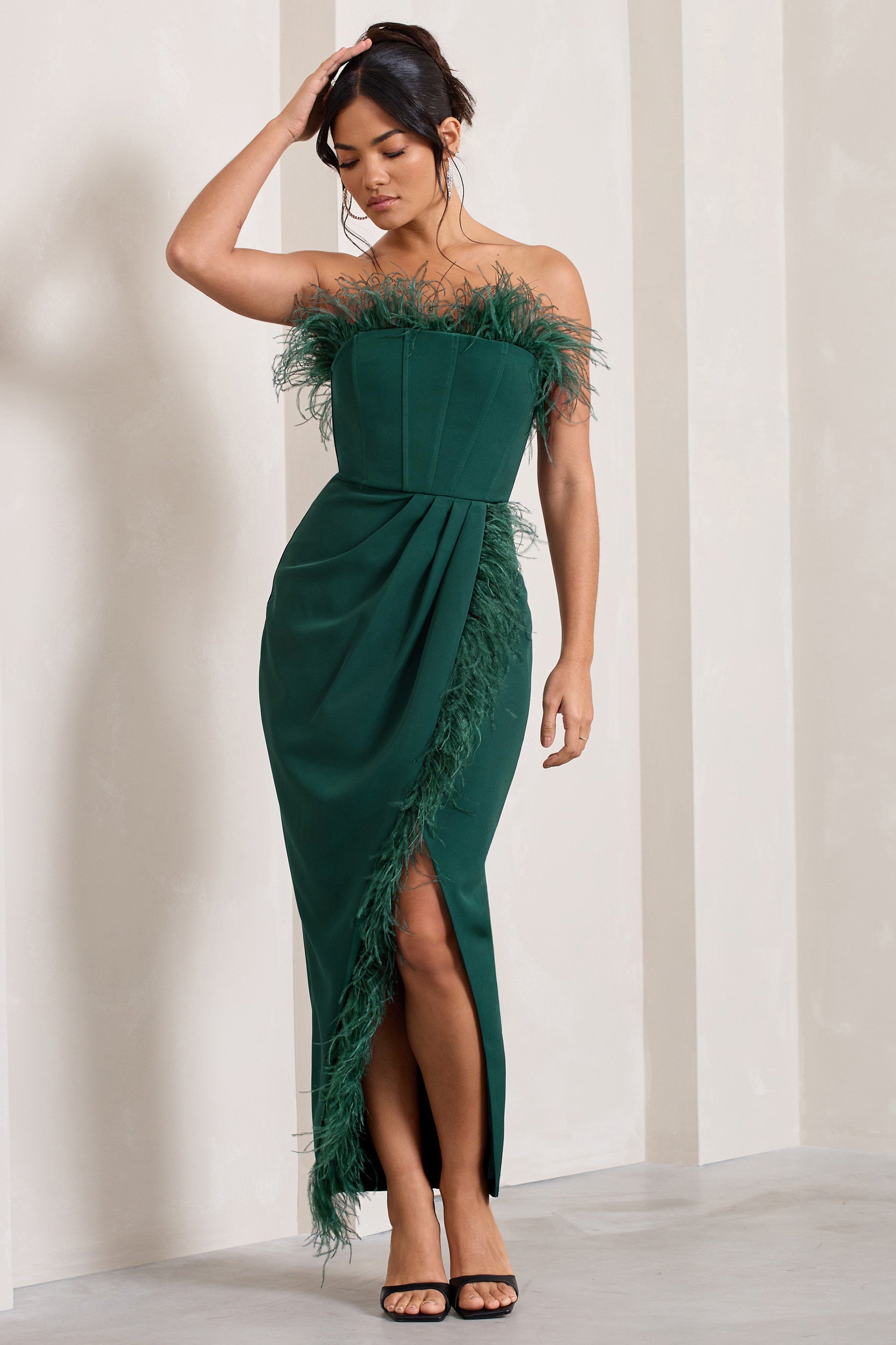 Cosmo Bottle Green Bandeau Feather Corset Split Maxi Dress-Babyboo Dress Store. All Rights Reserved.