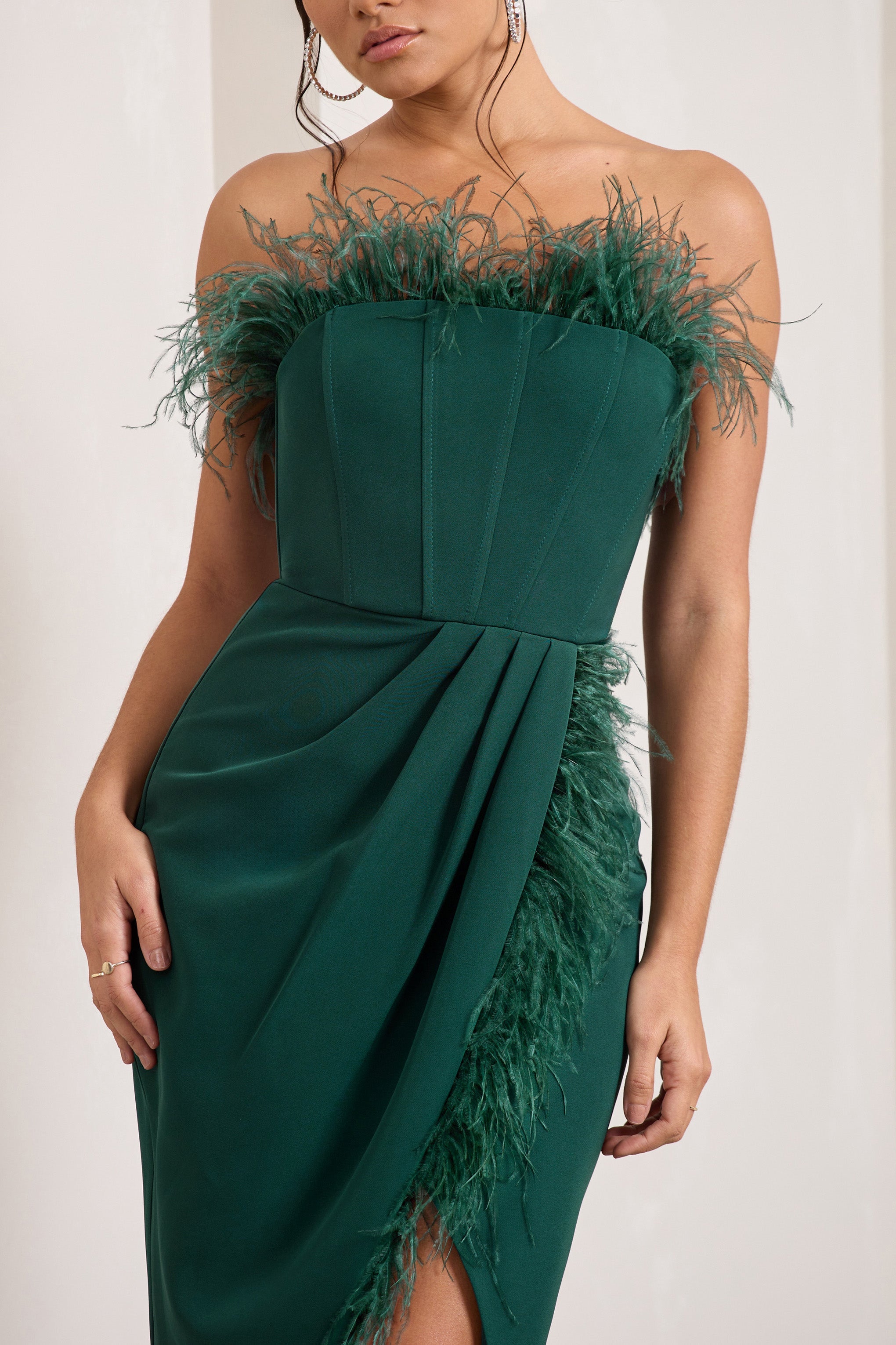Cosmo Bottle Green Bandeau Feather Corset Split Maxi Dress-Babyboo Dress Store. All Rights Reserved.