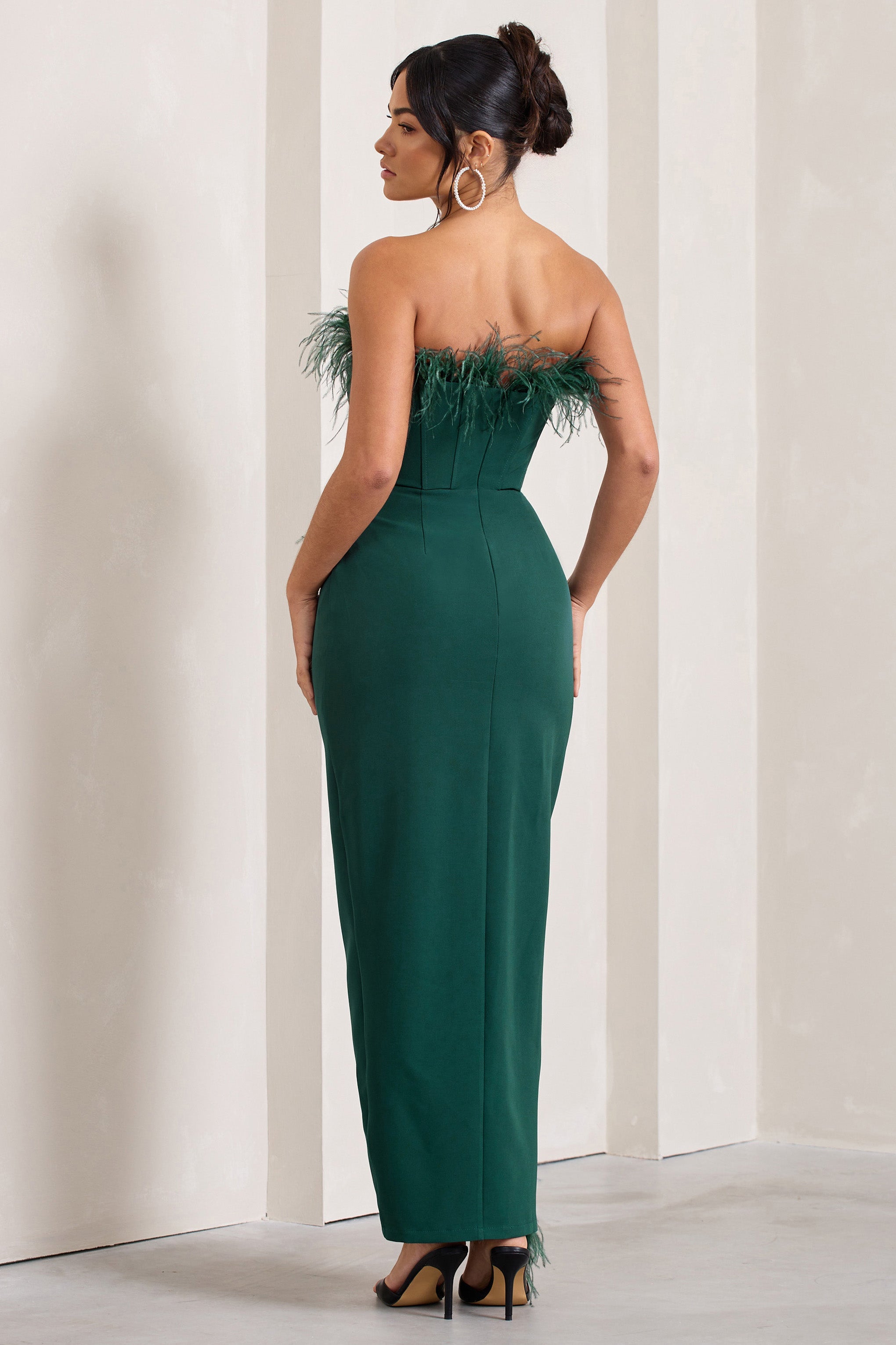 Cosmo Bottle Green Bandeau Feather Corset Split Maxi Dress-Babyboo Dress Store. All Rights Reserved.