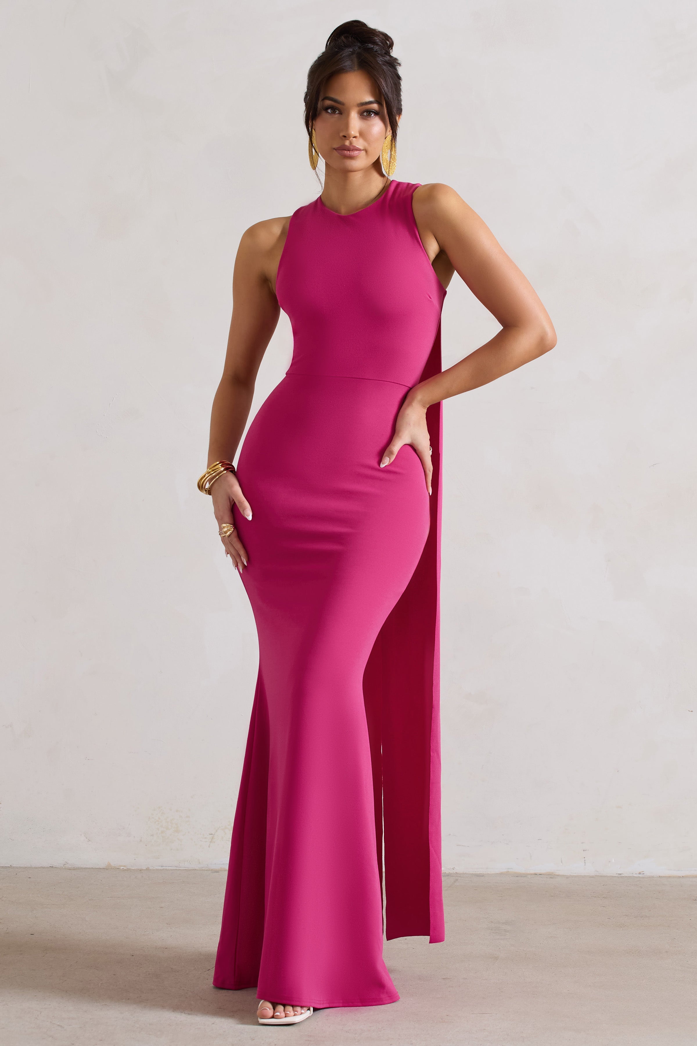 Patty Dark Pink High-Neck Sleeveless Maxi Dress-Babyboo Dress Store. All Rights Reserved.