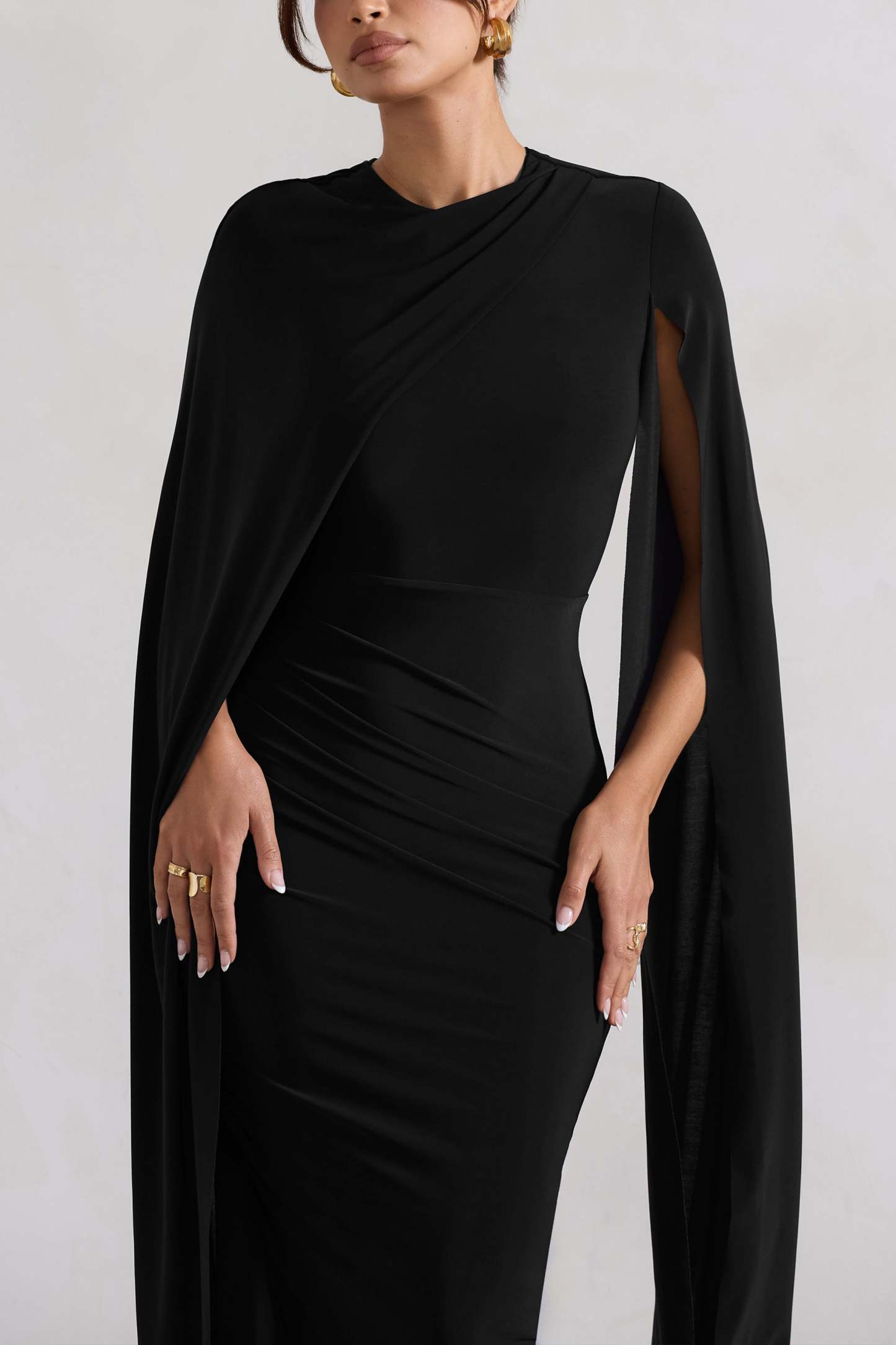 Marysol Black Asymmetric Cape Midi Dress