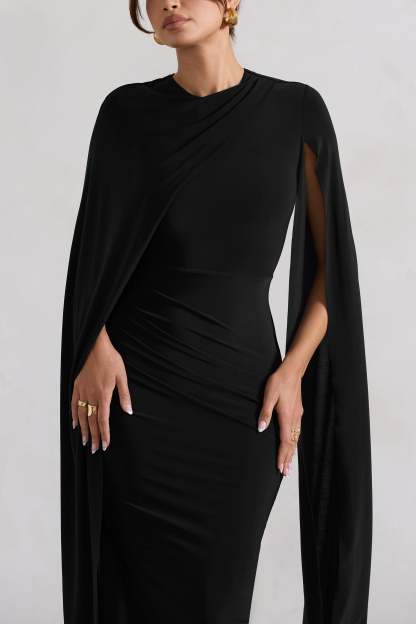 Marysol Black Asymmetric Cape Midi Dress