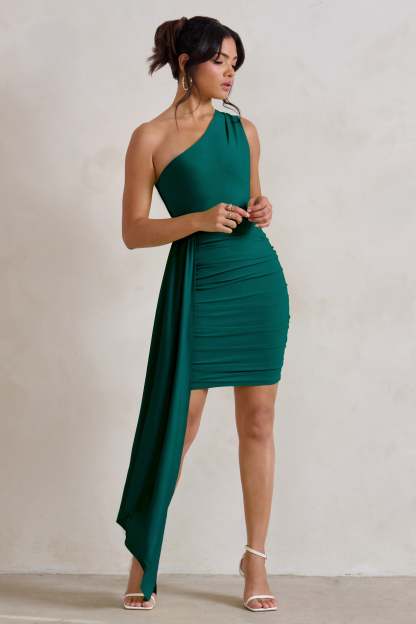 Charlie Bottle Green One Shoulder Ruched Mini Dress With Statement Drape-Babyboo Dress Store. All Rights Reserved.