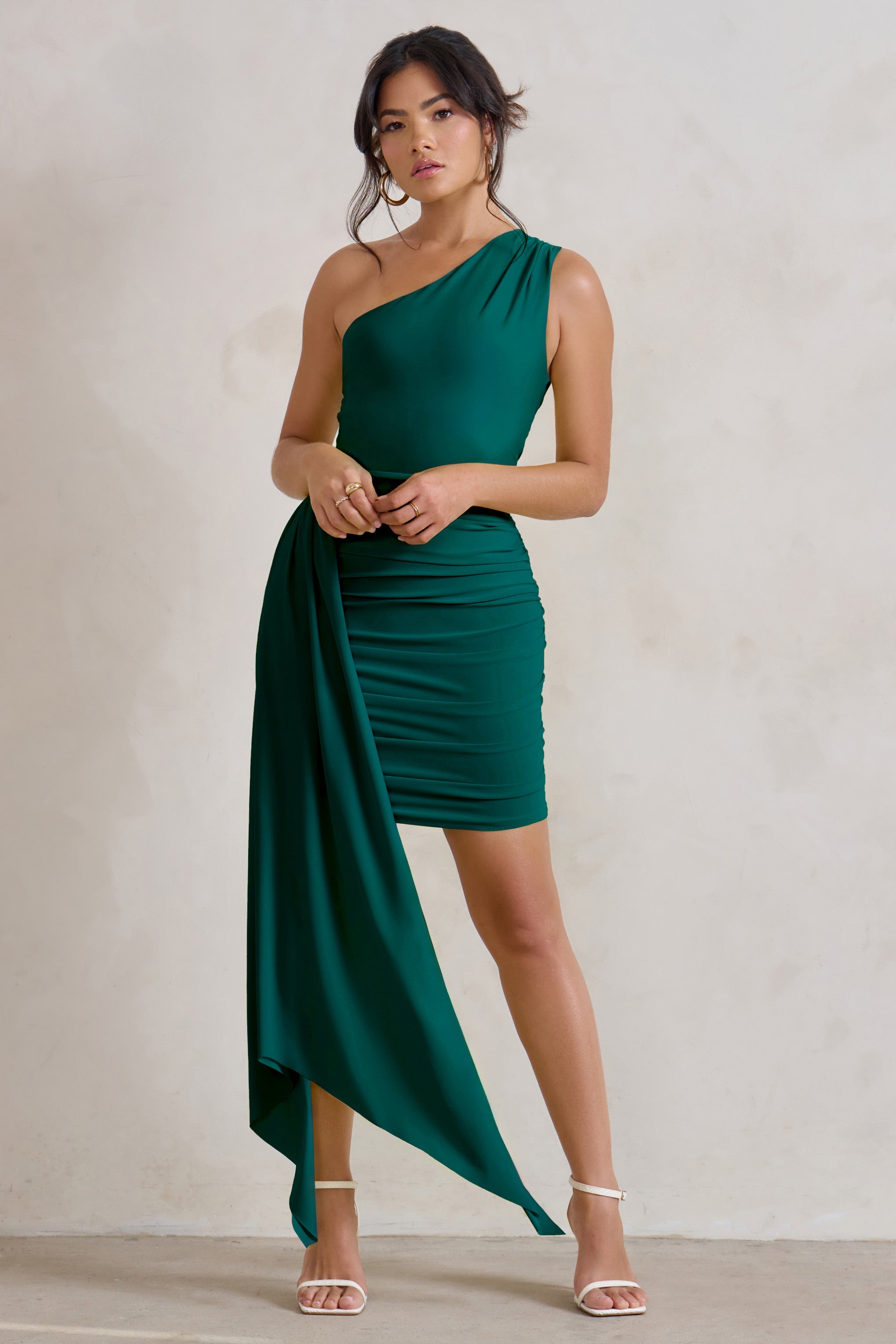 Charlie Bottle Green One Shoulder Ruched Mini Dress With Statement Drape-Babyboo Dress Store. All Rights Reserved.
