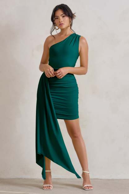 Charlie Bottle Green One Shoulder Ruched Mini Dress With Statement Drape-Babyboo Dress Store. All Rights Reserved.