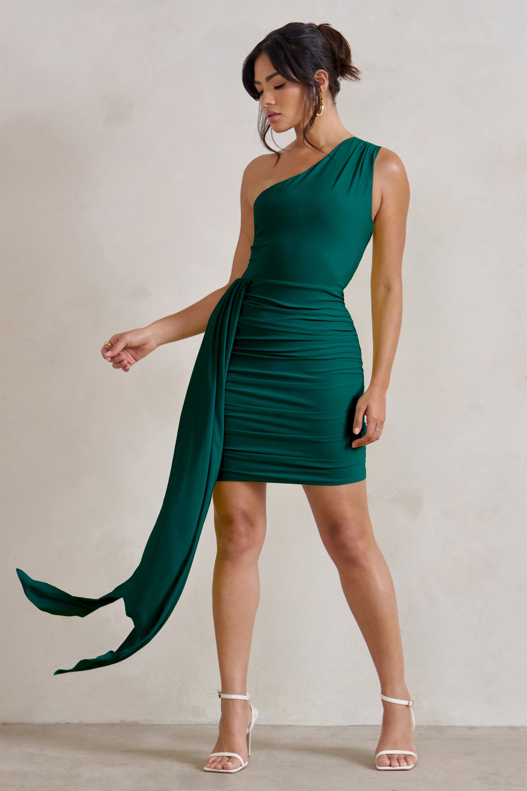 Charlie Bottle Green One Shoulder Ruched Mini Dress With Statement Drape-Babyboo Dress Store. All Rights Reserved.