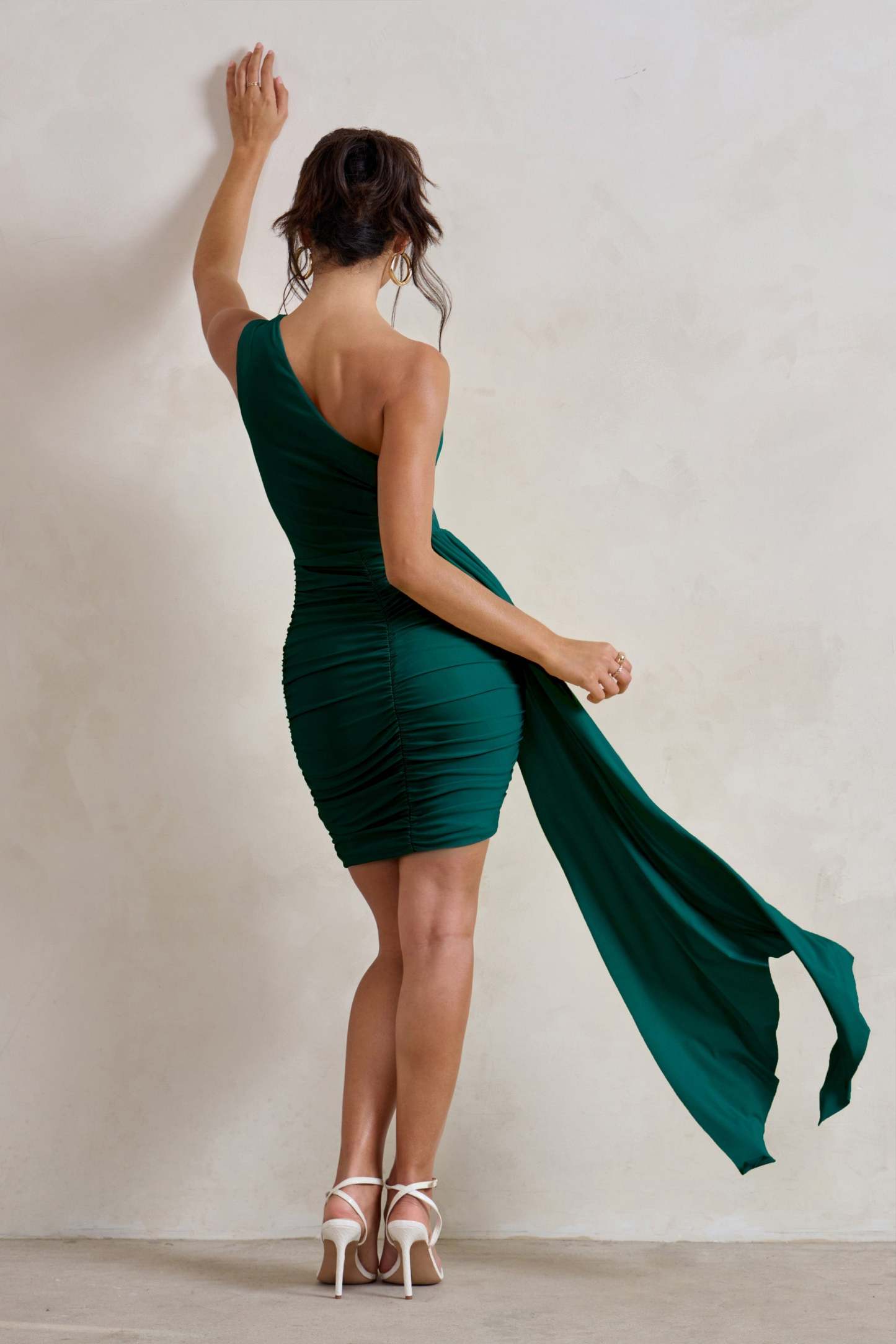 Charlie Bottle Green One Shoulder Ruched Mini Dress With Statement Drape-Babyboo Dress Store. All Rights Reserved.
