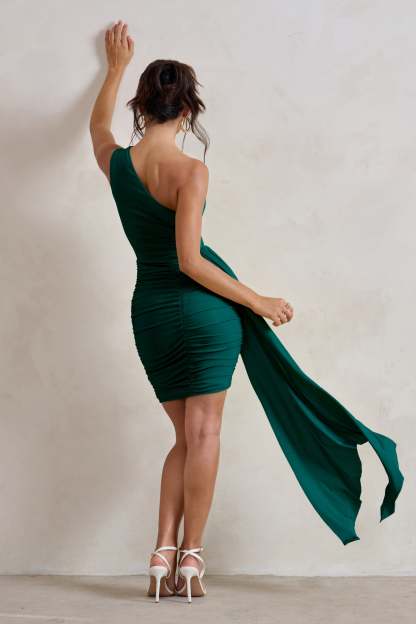 Charlie Bottle Green One Shoulder Ruched Mini Dress With Statement Drape-Babyboo Dress Store. All Rights Reserved.