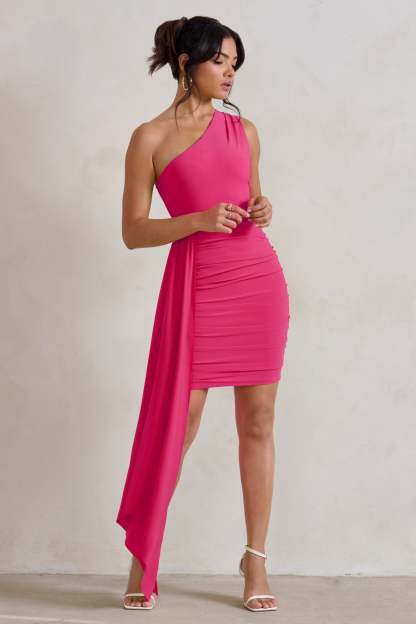 Charlie Pink One Shoulder Ruched Mini Dress With Statement Drape-Babyboo Dress Store. All Rights Reserved.