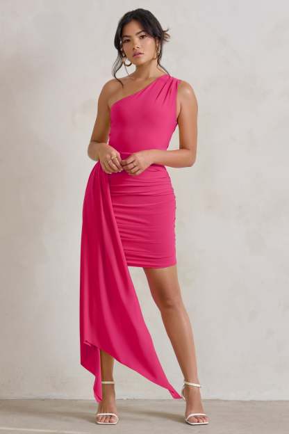 Charlie Pink One Shoulder Ruched Mini Dress With Statement Drape-Babyboo Dress Store. All Rights Reserved.