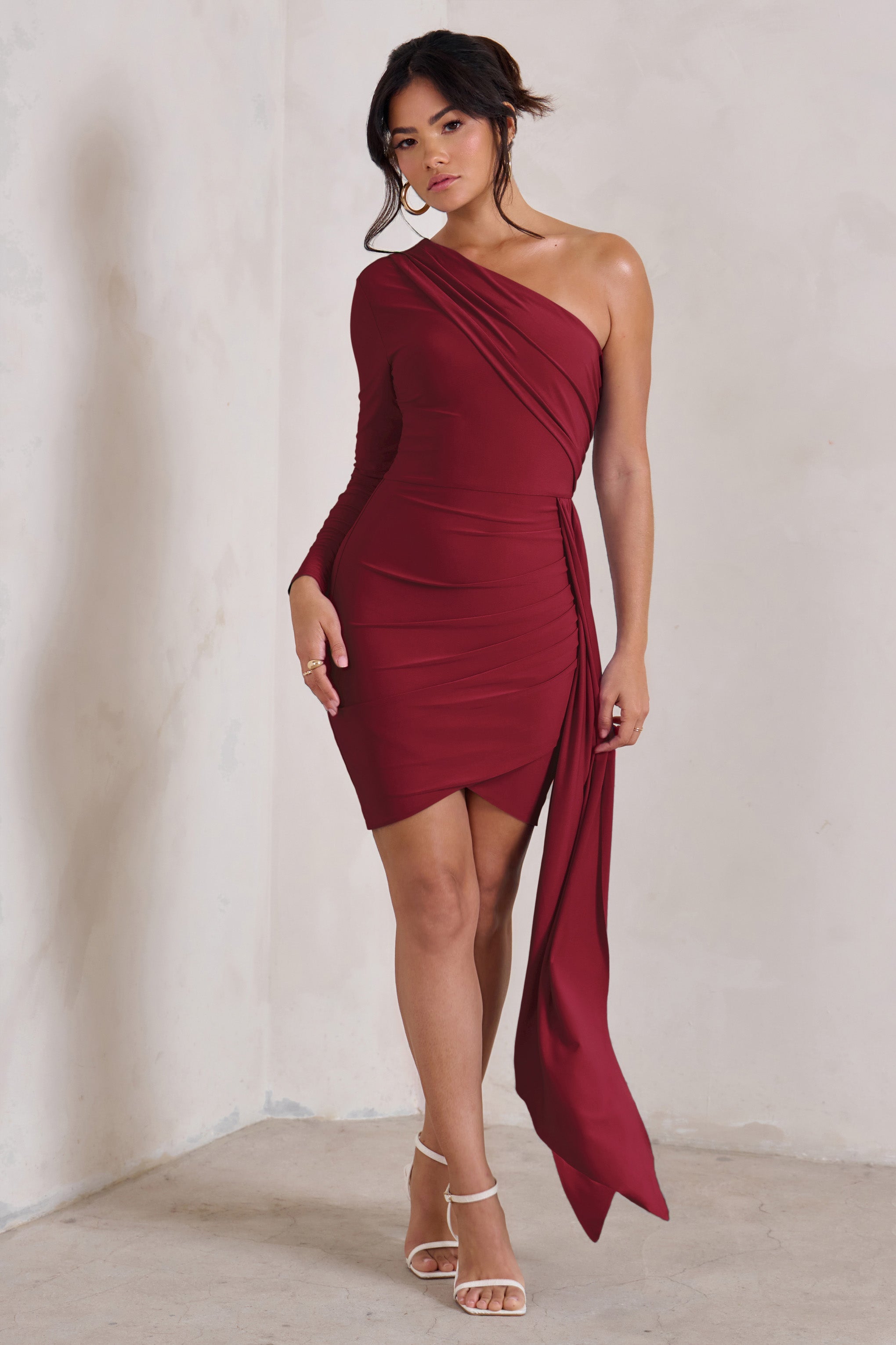 Claudina Berry Asymmetric Long Sleeve Wrap Mini Dress With Statement Drape-Babyboo Dress Store. All Rights Reserved.