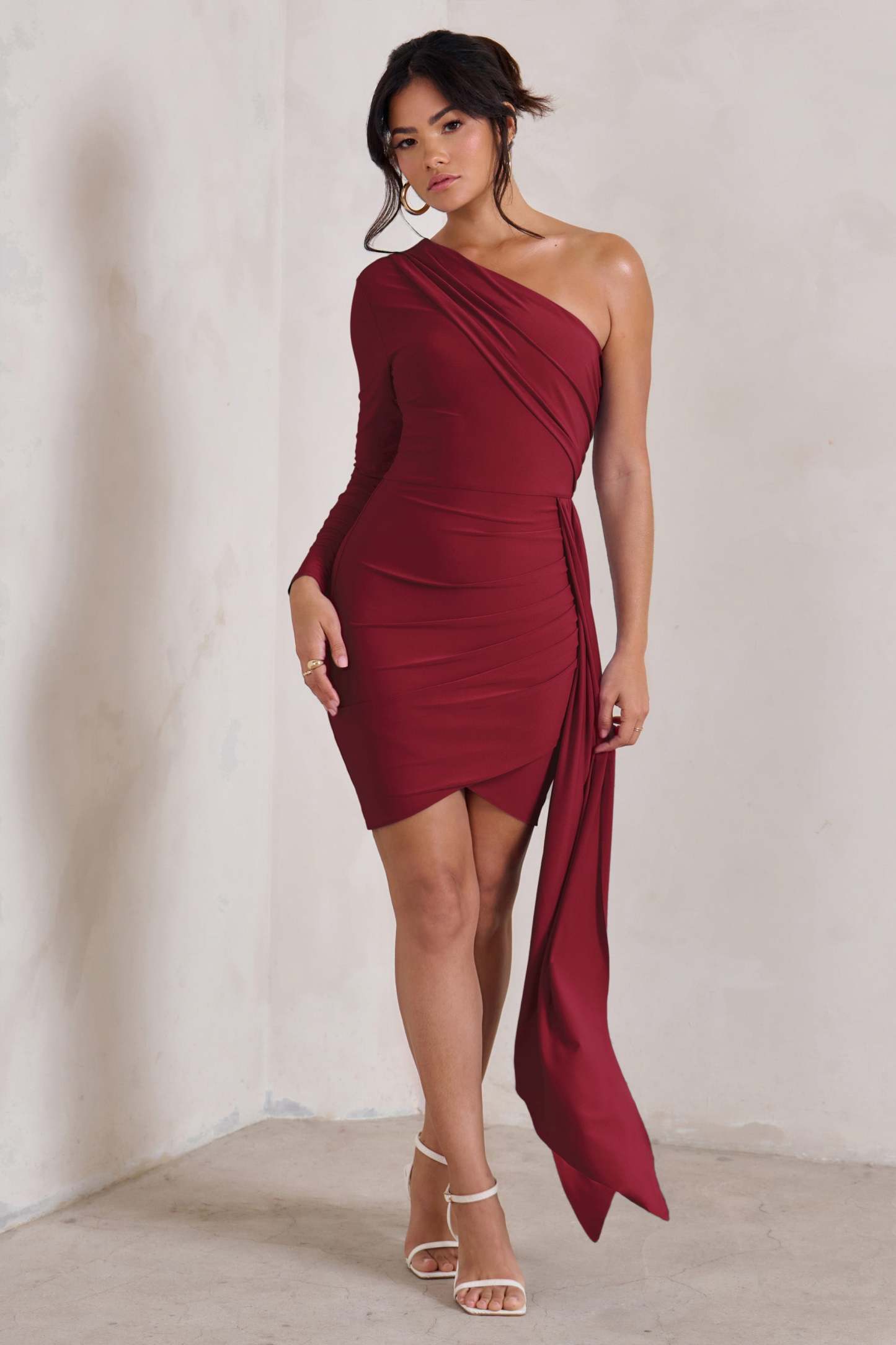 Claudina Berry Asymmetric Long Sleeve Wrap Mini Dress With Statement Drape-Babyboo Dress Store. All Rights Reserved.