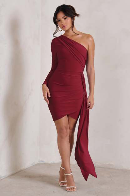 Claudina Berry Asymmetric Long Sleeve Wrap Mini Dress With Statement Drape-Babyboo Dress Store. All Rights Reserved.