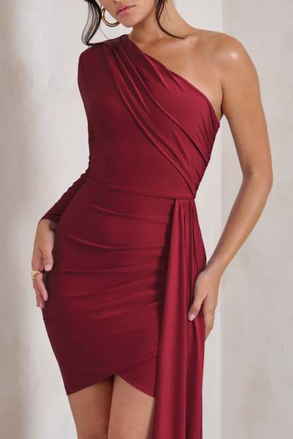 Claudina Berry Asymmetric Long Sleeve Wrap Mini Dress With Statement Drape-Babyboo Dress Store. All Rights Reserved.