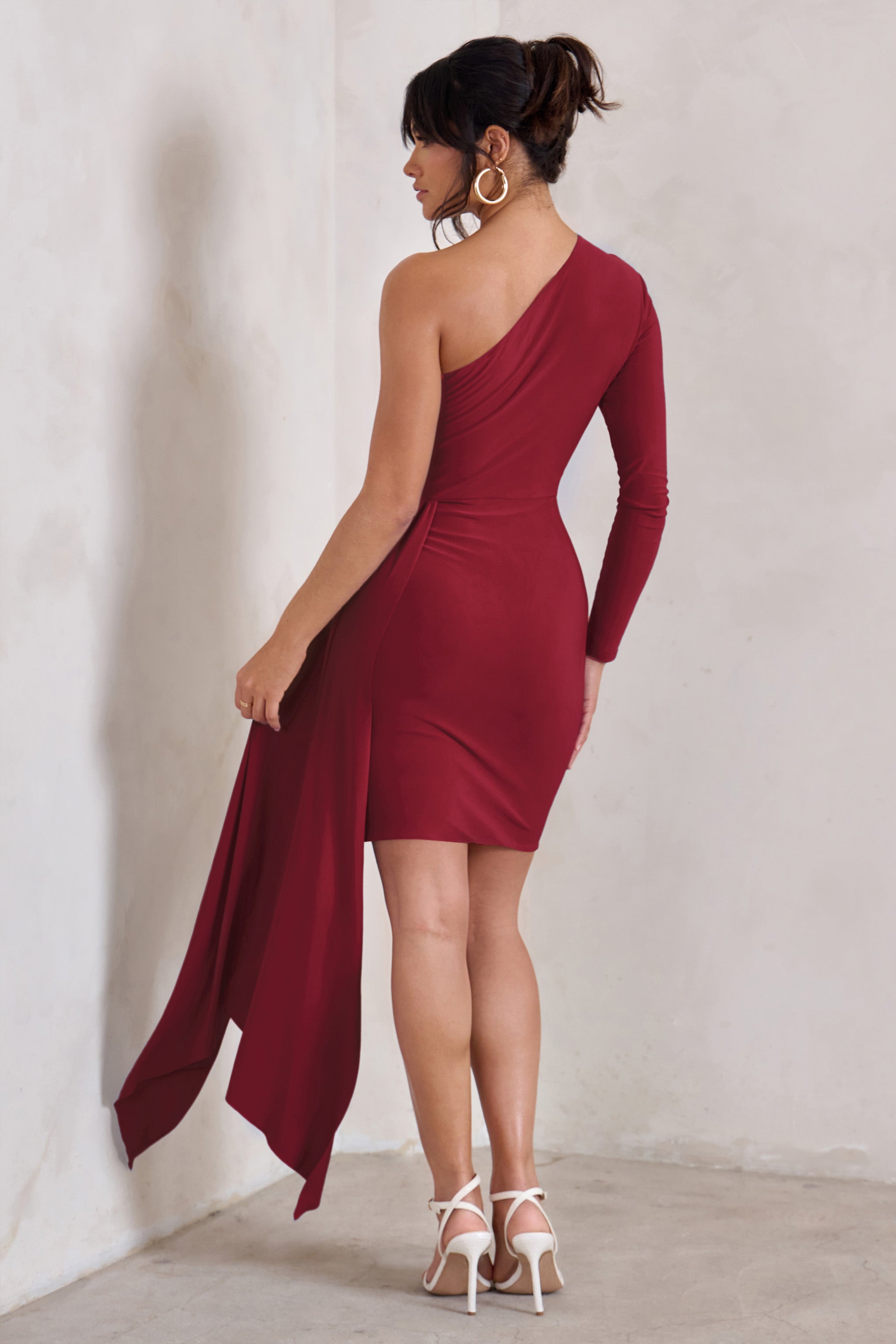 Claudina Berry Asymmetric Long Sleeve Wrap Mini Dress With Statement Drape-Babyboo Dress Store. All Rights Reserved.