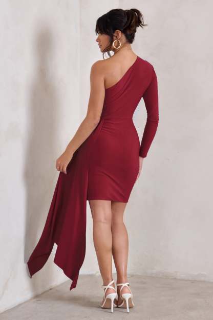 Claudina Berry Asymmetric Long Sleeve Wrap Mini Dress With Statement Drape-Babyboo Dress Store. All Rights Reserved.