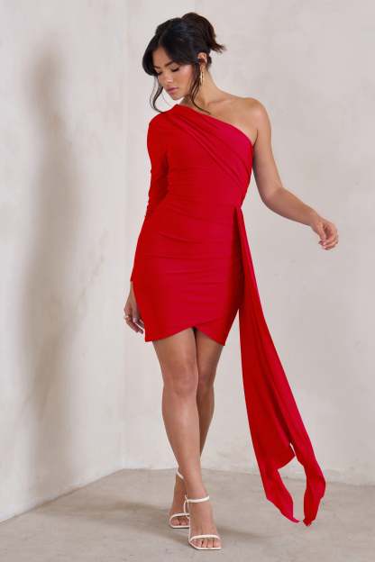 Claudina Red Asymmetric Long Sleeve Wrap Mini Dress With Statement Drape-Babyboo Dress Store. All Rights Reserved.