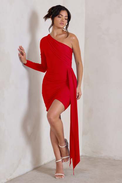 Claudina Red Asymmetric Long Sleeve Wrap Mini Dress With Statement Drape-Babyboo Dress Store. All Rights Reserved.