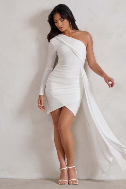 Claudina White Asymmetric Long Sleeve Wrap Mini Dress With Statement Drape-Babyboo Dress Store. All Rights Reserved.