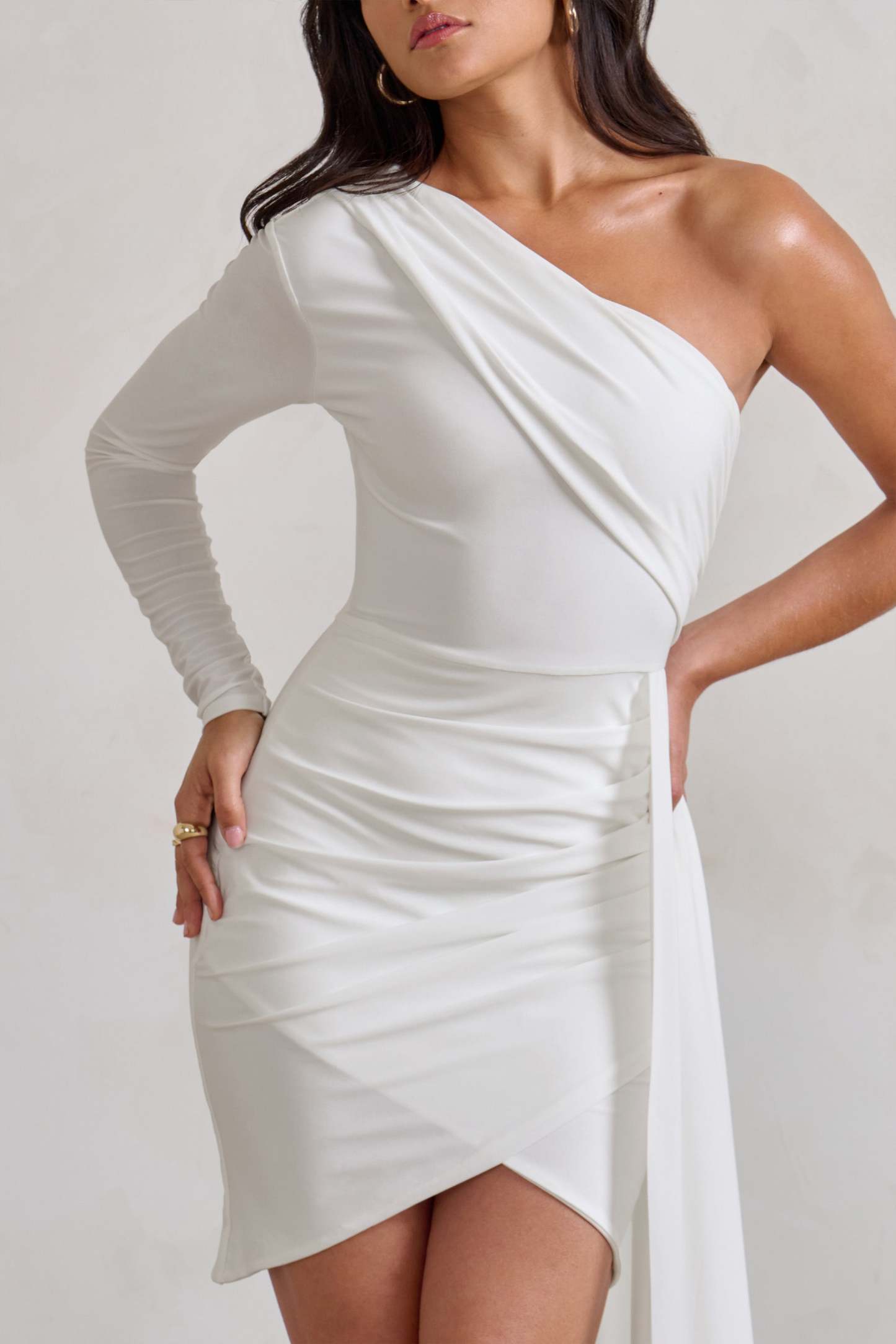 Claudina White Asymmetric Long Sleeve Wrap Mini Dress With Statement Drape-Babyboo Dress Store. All Rights Reserved.