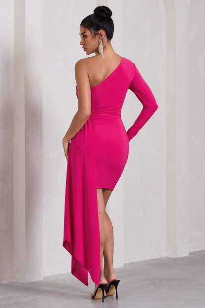 Claudina Hot Pink Asymmetric Long Sleeve Wrap Mini Dress With Statement Drape-Babyboo Dress Store. All Rights Reserved.