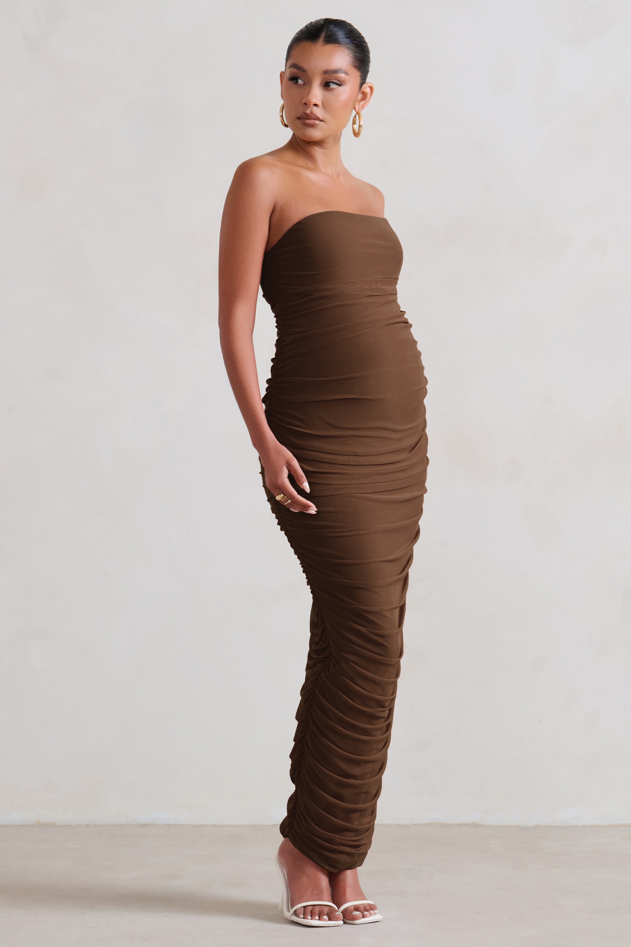 My Lady Chocolate Maternity Brown Strapless Bodycon Ruched Mesh Maxi Dress-Babyboo Dress Store. All Rights Reserved.