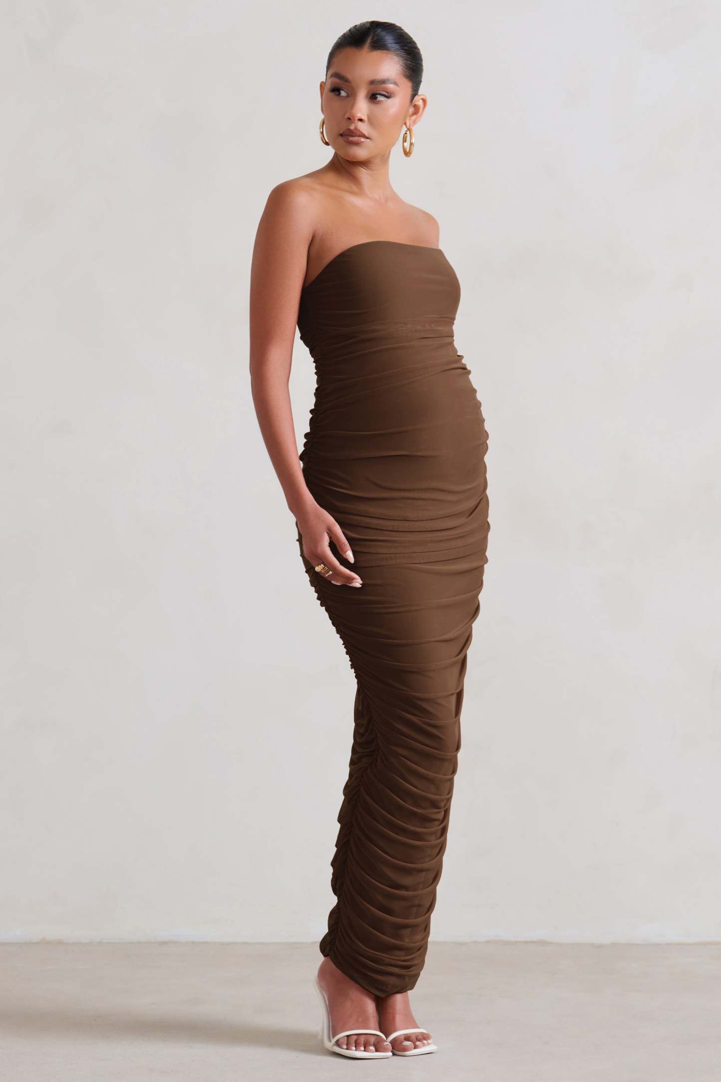 My Lady Chocolate Maternity Brown Strapless Bodycon Ruched Mesh Maxi Dress-Babyboo Dress Store. All Rights Reserved.