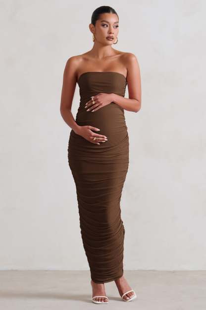 My Lady Chocolate Maternity Brown Strapless Bodycon Ruched Mesh Maxi Dress-Babyboo Dress Store. All Rights Reserved.