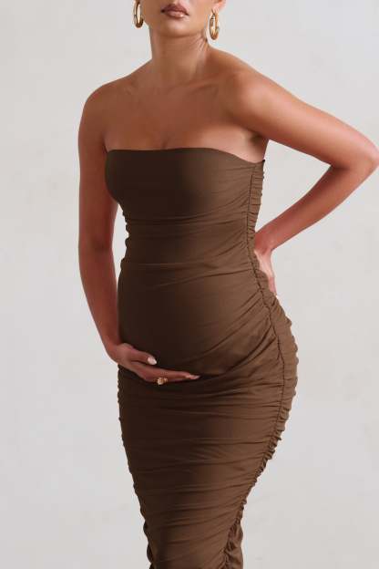 My Lady Chocolate Maternity Brown Strapless Bodycon Ruched Mesh Maxi Dress-Babyboo Dress Store. All Rights Reserved.