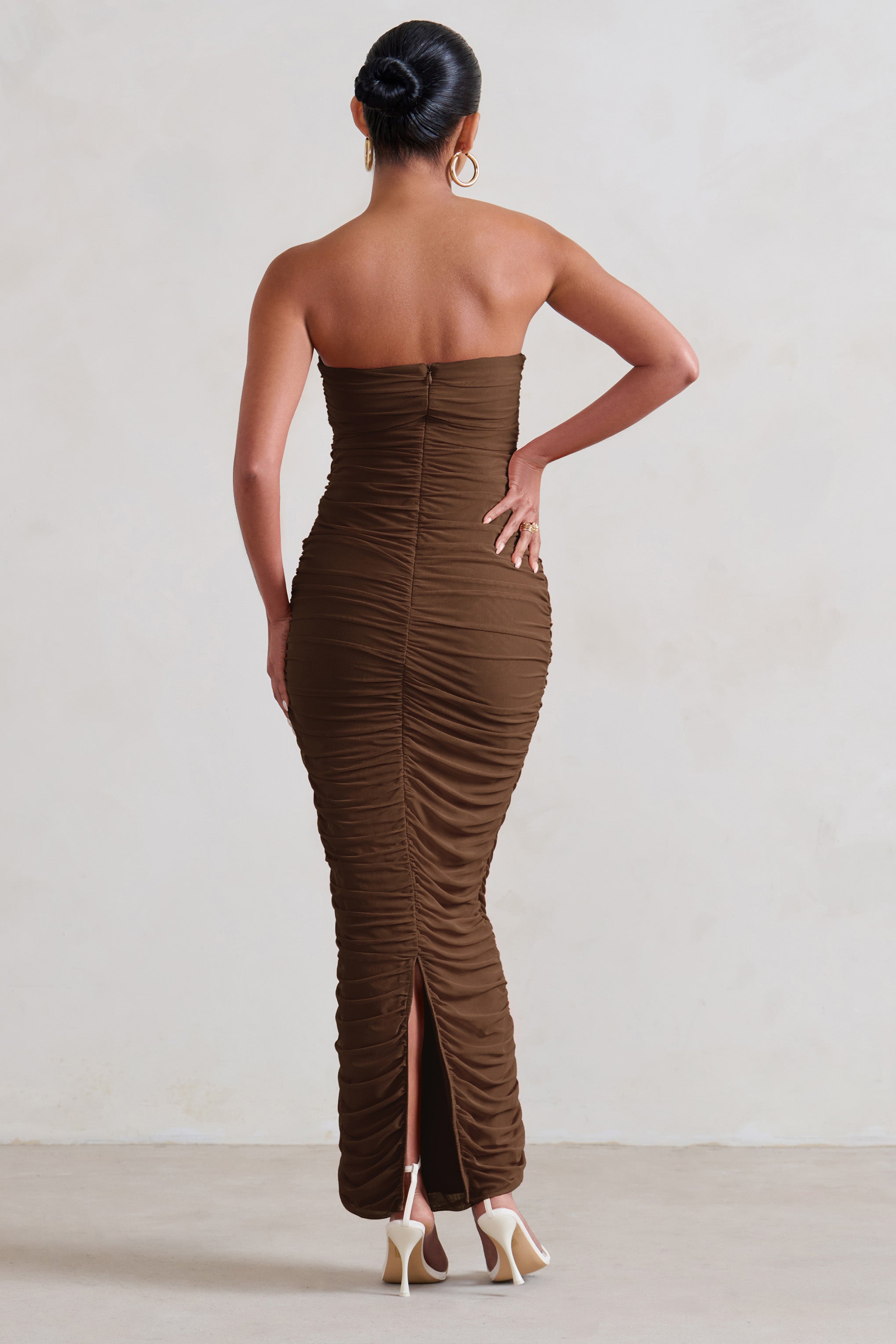 My Lady Chocolate Maternity Brown Strapless Bodycon Ruched Mesh Maxi Dress-Babyboo Dress Store. All Rights Reserved.