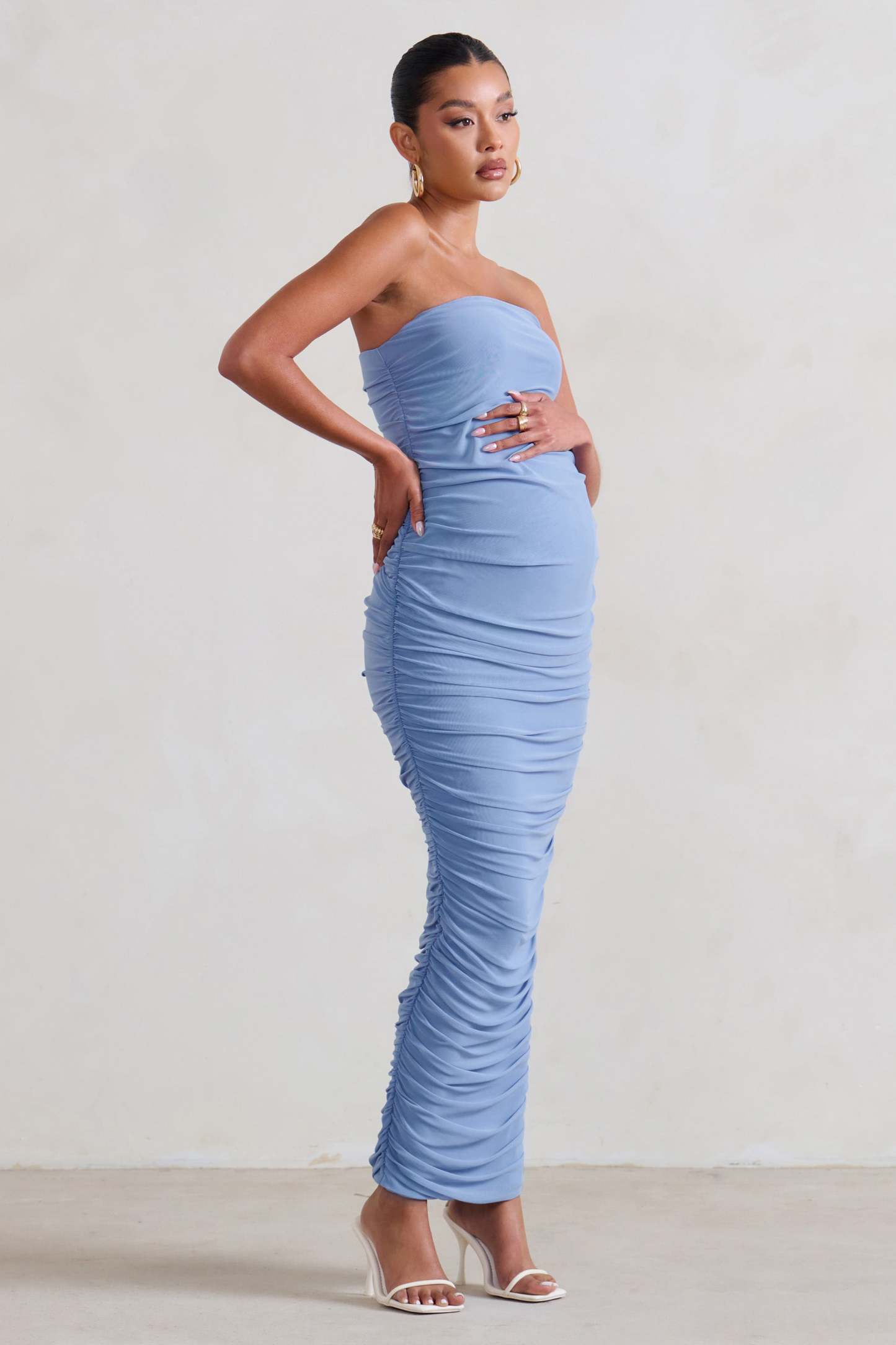 My Lady Maternity Powder Blue Strapless Bodycon Ruched Mesh Maxi Dress-Babyboo Dress Store. All Rights Reserved.
