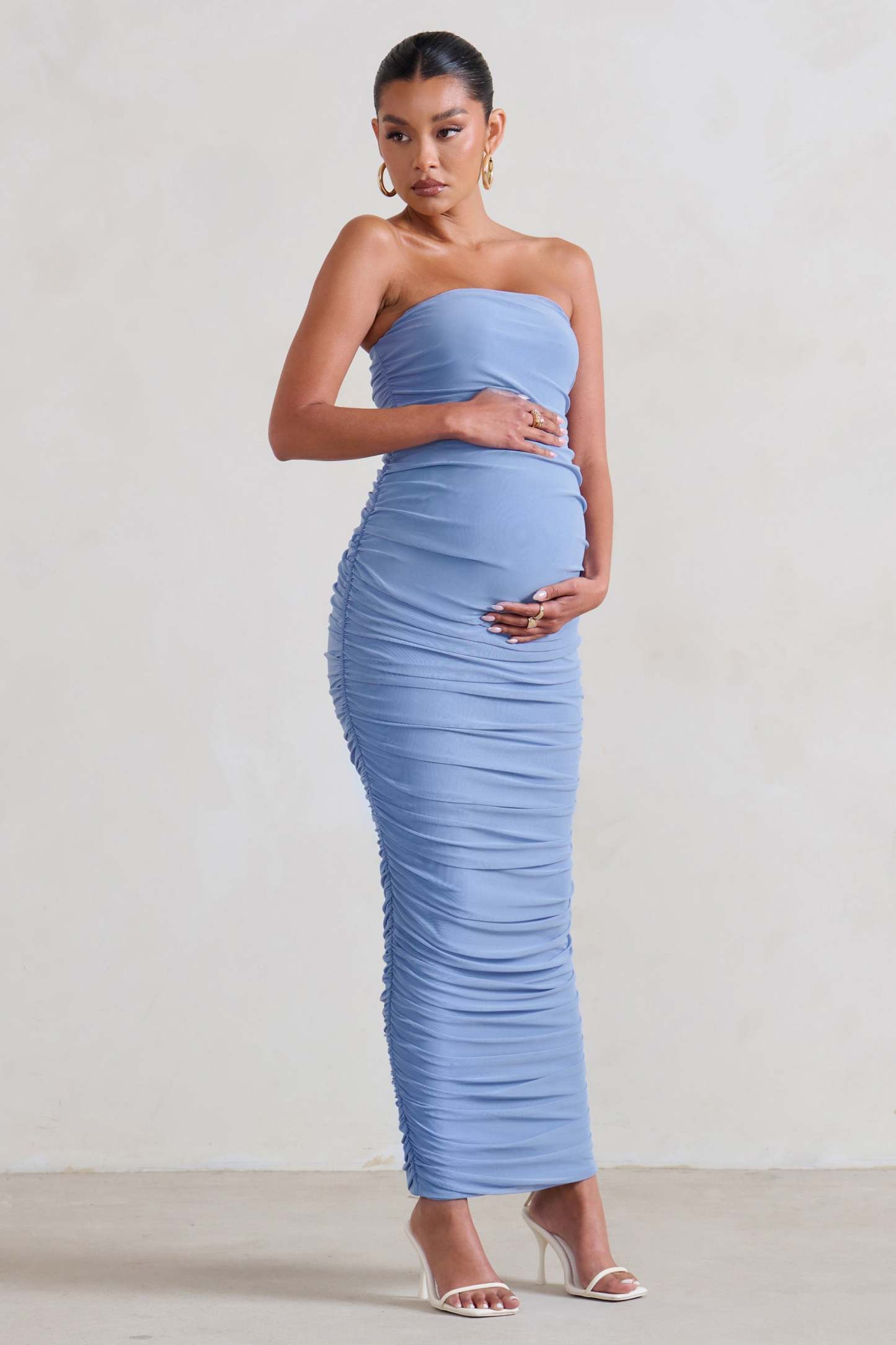 My Lady Maternity Powder Blue Strapless Bodycon Ruched Mesh Maxi Dress-Babyboo Dress Store. All Rights Reserved.