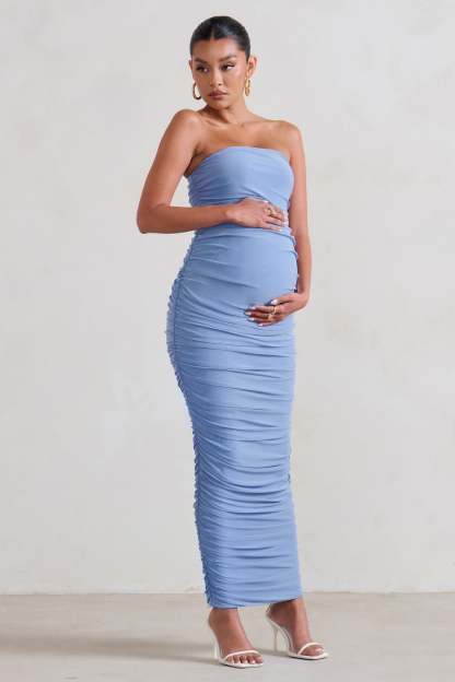 My Lady Maternity Powder Blue Strapless Bodycon Ruched Mesh Maxi Dress-Babyboo Dress Store. All Rights Reserved.