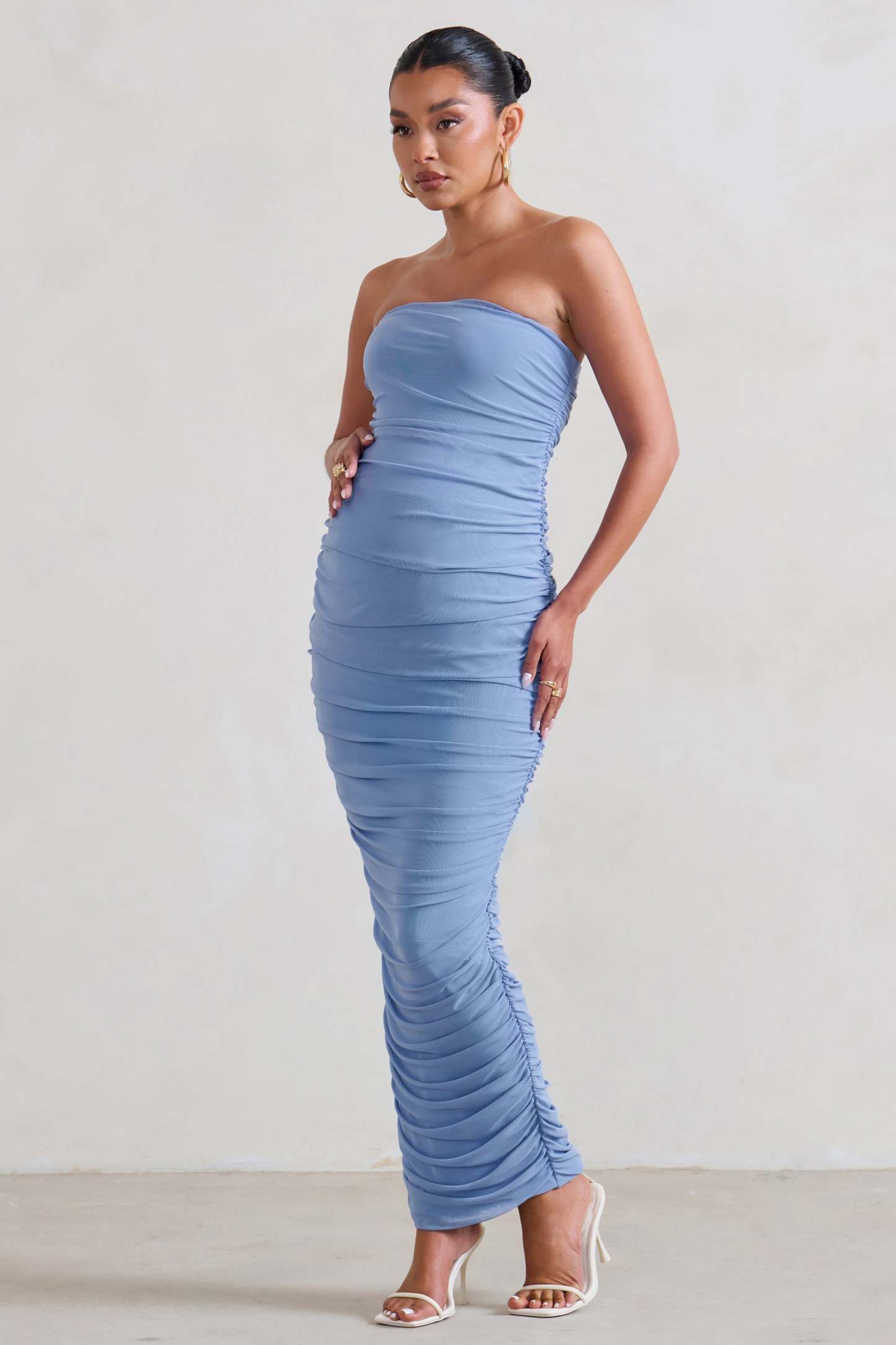 My Lady Maternity Powder Blue Strapless Bodycon Ruched Mesh Maxi Dress-Babyboo Dress Store. All Rights Reserved.