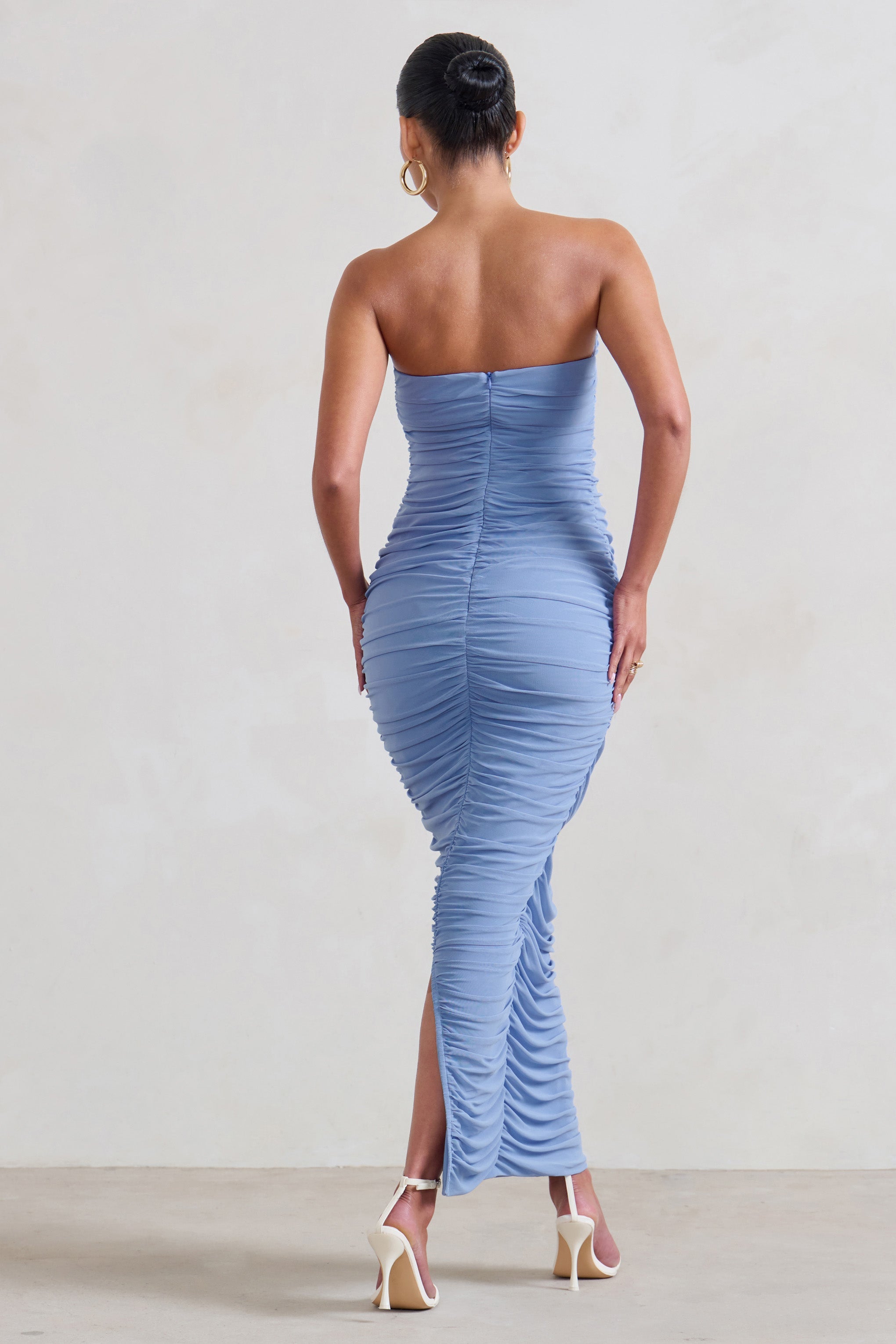 My Lady Maternity Powder Blue Strapless Bodycon Ruched Mesh Maxi Dress-Babyboo Dress Store. All Rights Reserved.