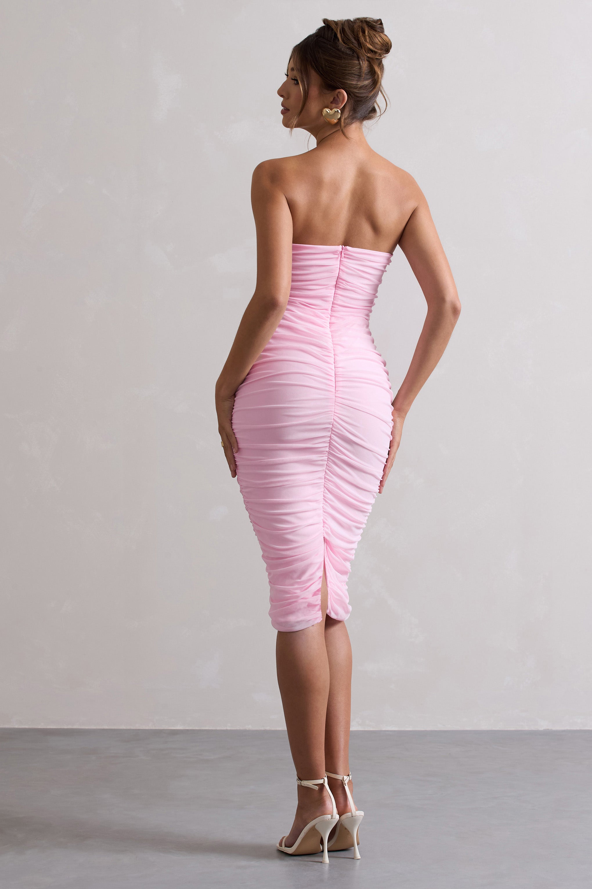 My Girl Pink Strapless Bodycon Ruched Mesh Midi Dress-Babyboo Dress Store. All Rights Reserved.