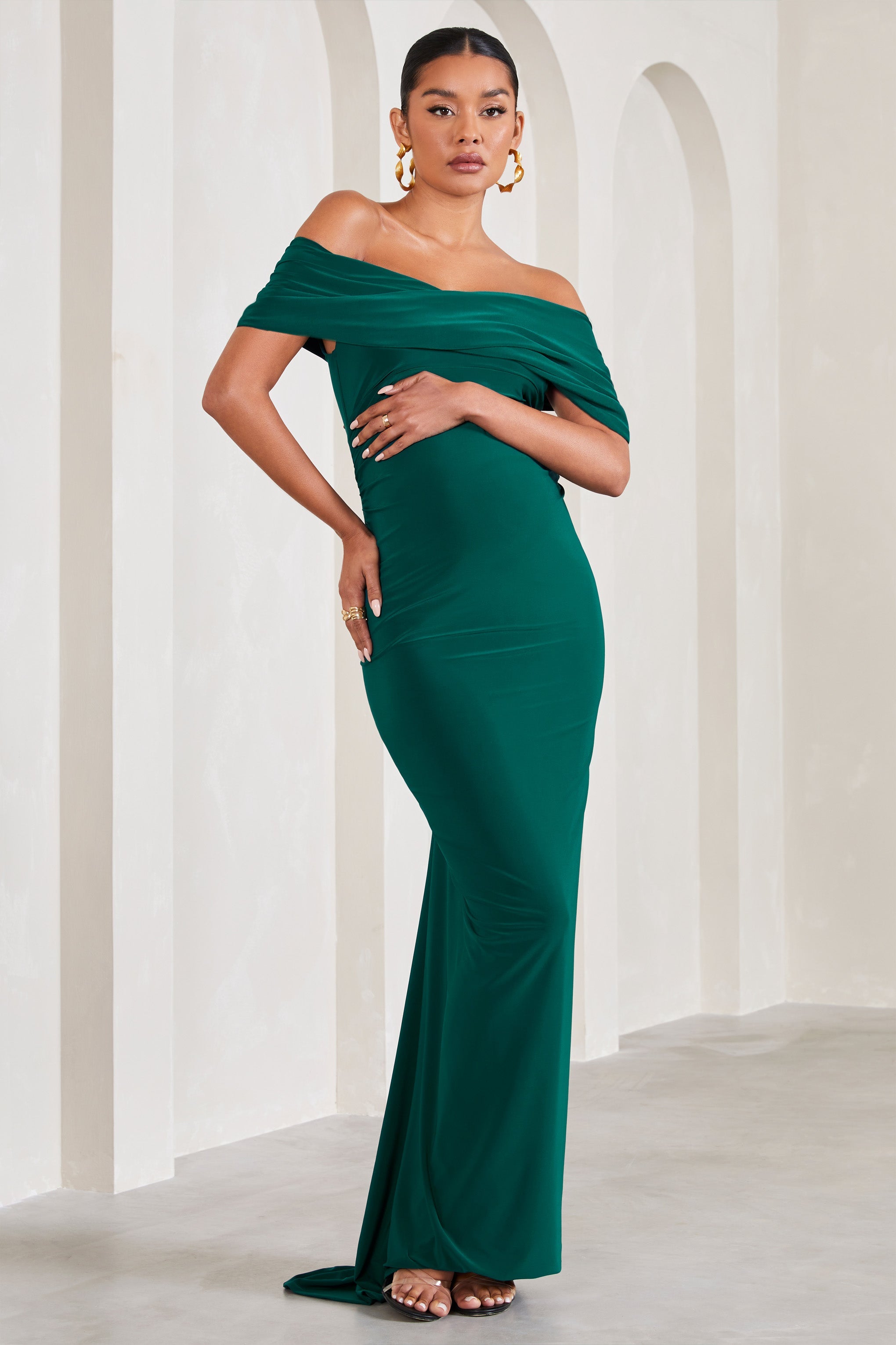 Carmen Bottle Green Bardot Maternity Maxi Dress-Babyboo Dress Store. All Rights Reserved.